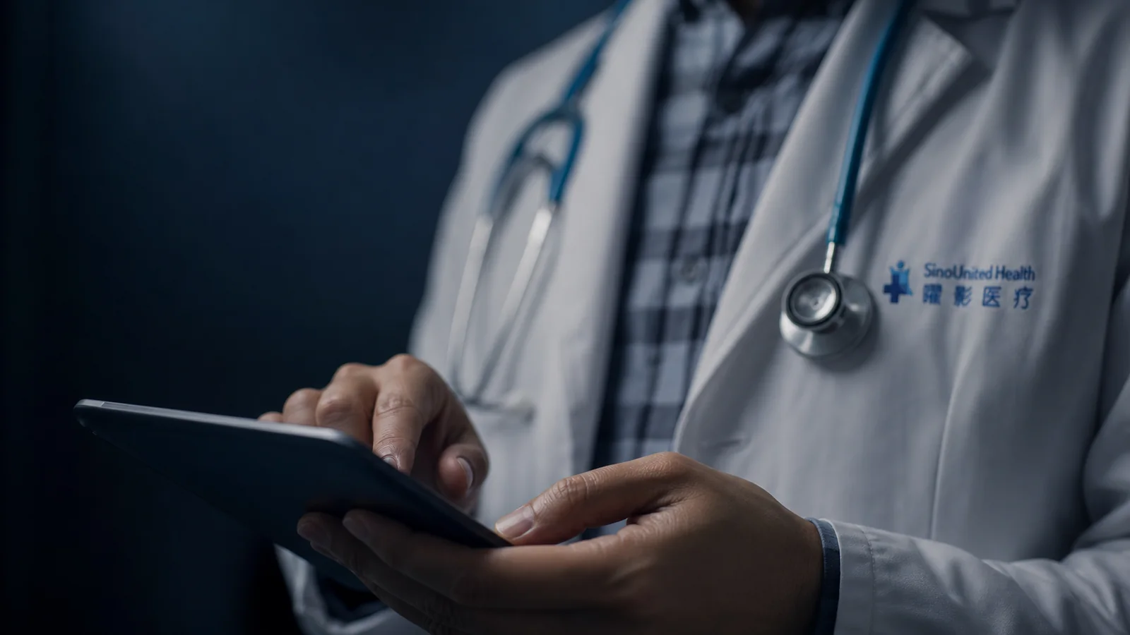 Asian cardiologist wearing a SinoUnited Health coat and holding a medical tablet